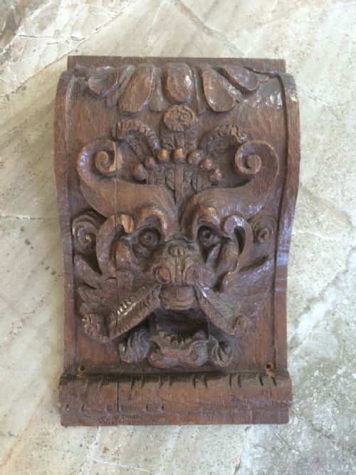 18th Century Carved Oak Horned Devil Prince of Wales Feathers Corbel