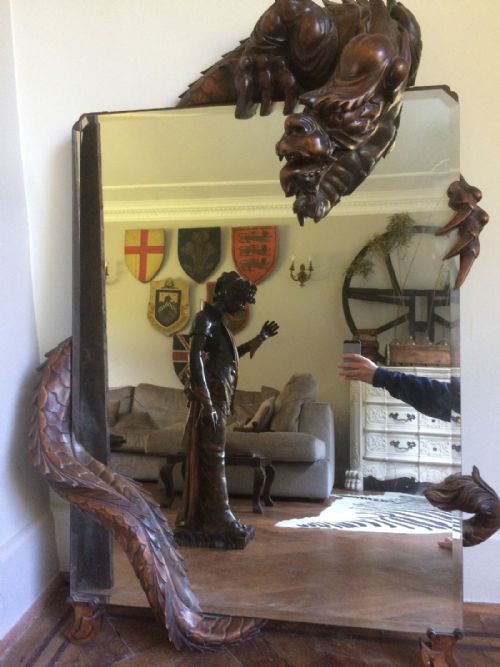 Large 19th Century Carved French Walnut Dragon Mirror Gabriel Viardot