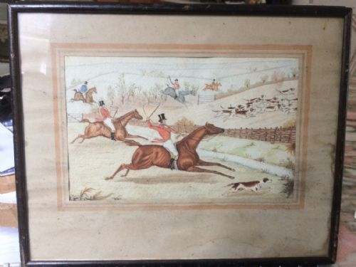 Henry Alken 19th Century Watercolour Painting of a Fox Hunt with Horse and Hounds.