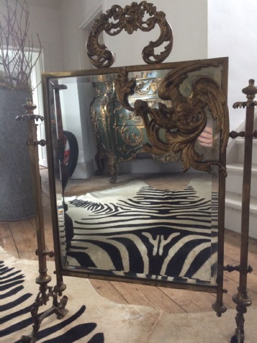 French Brass Mirror Fire Screen Griffin Pineapple Finial