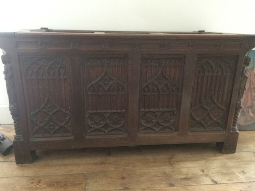 Early 19th Century Carved Oak Coffer Chest Gothic Revival Saints and Tracery