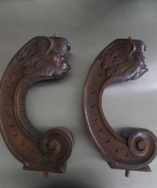 19th Century Carved Walnut Winged Gargoyles Monkey Heads Caryatids