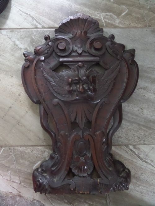 19th Century Carved Walnut Panel Winged Gargoyles
