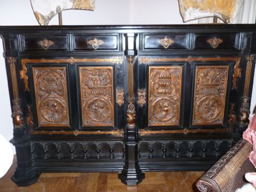 19th Century Gothic Revival Walnut Ebony Sideboard Rampant Lions Romayne Panels