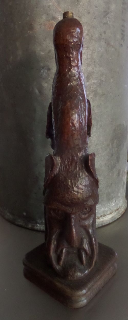 19th Century Carved Oak Devil Mythical Horned Dog Lamp Carving