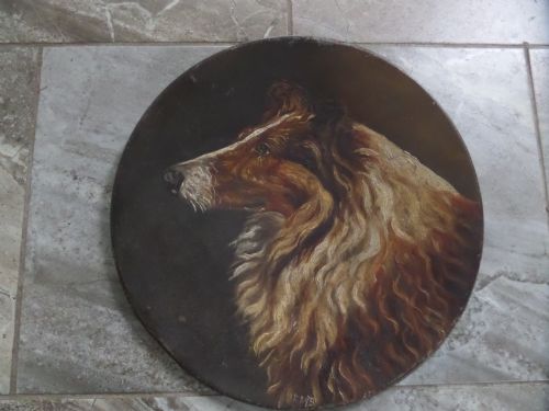 Large Antique 19th Century Oil Painting of a Collie Dog