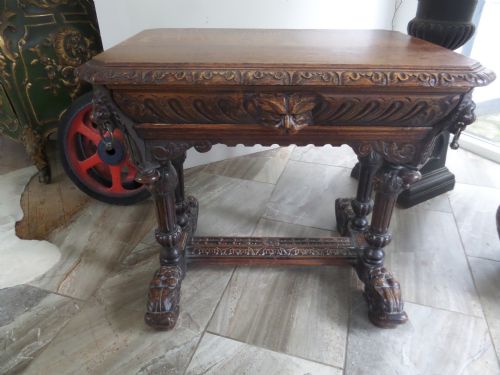 Victorian Carved Oak Library Central Hall Table Dolphin Feet
