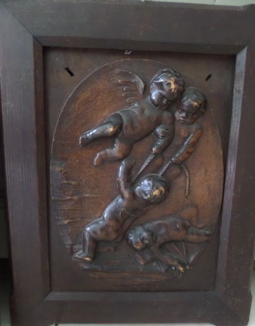19th Century Carved Oak and Walnut Panel Putti Playing