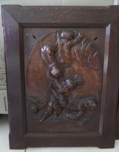 19th Century Carved Oak and Walnut Panel Putti Playing