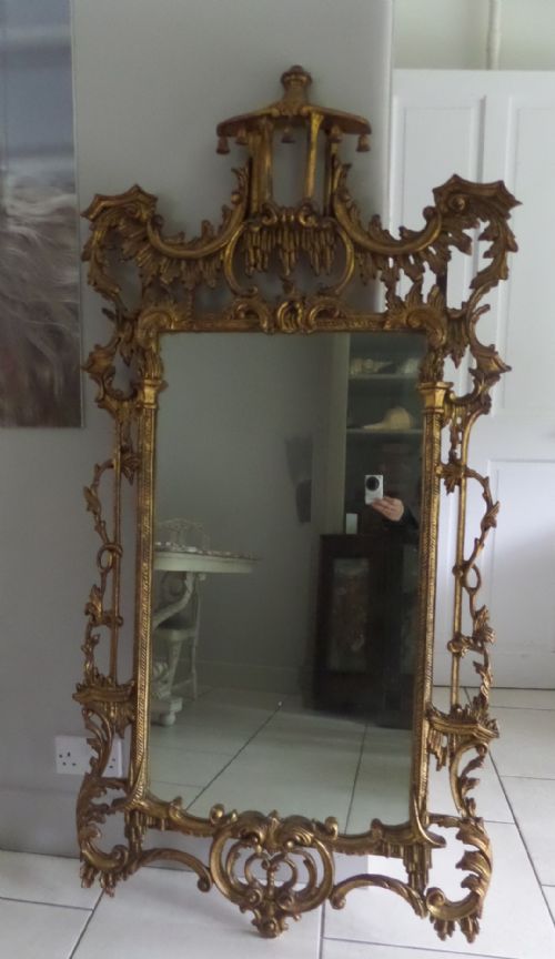 Antique Carved Wooden Chinese Chinoiserie Chippendale Mirror Overmantel Gilt