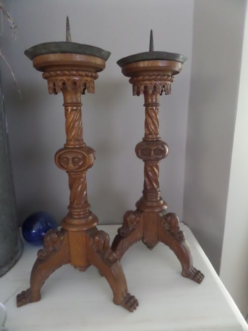 19th Century Carved Church Oak Gothic Candlesticks