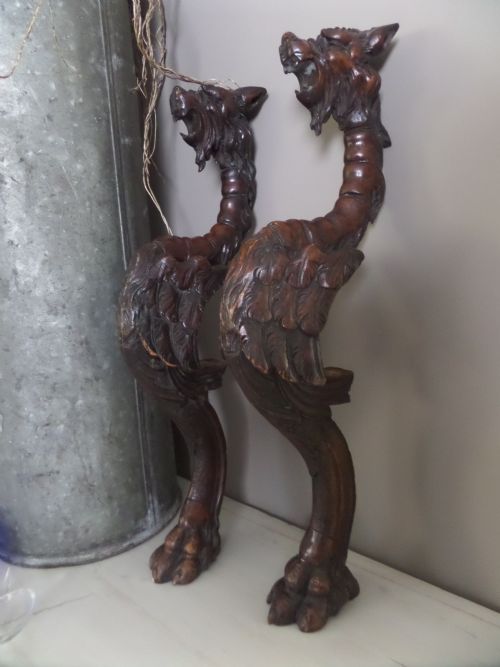 Large 19th Century Carved Walnut Winged Griffins Caryatids