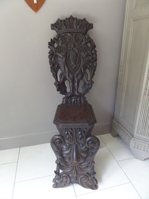 19th Century Heavily Carved Oak Hall Chair Lions and Green Man