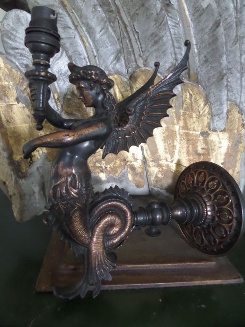 Antique Victorian Winged Mermaid Angels Gas Sconce Wall Light