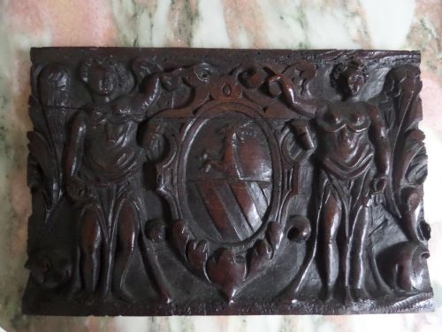 16th Century Carved Oak Armorial Winged Angel Panel