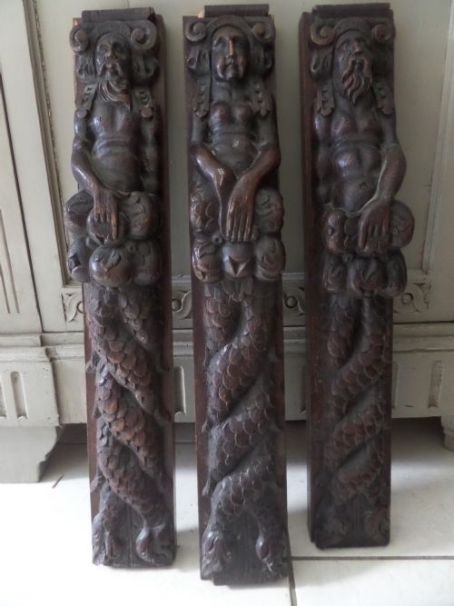 18th Century Carved Oak Panels Neptune and a Female Term Mermaid