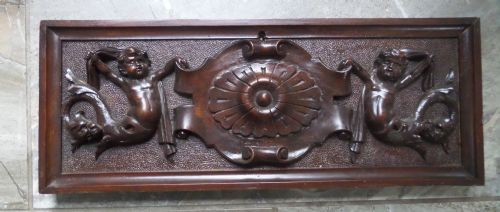 19th Century Walnut Cherub and Mythical Beast Panel