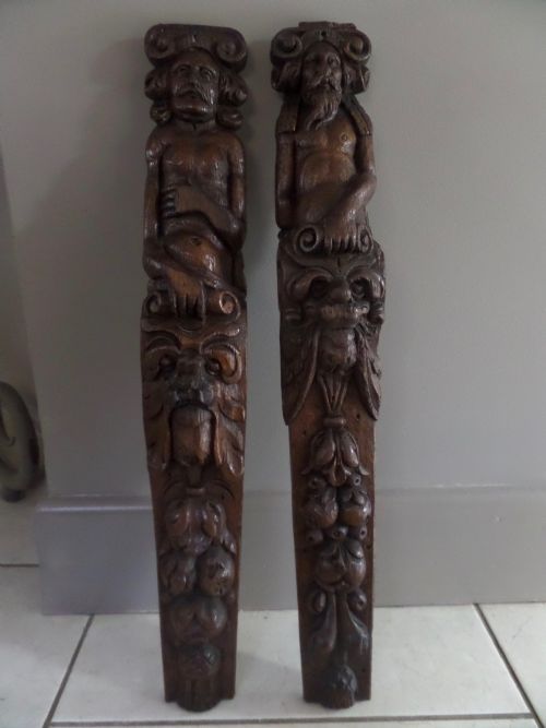 Large Carved Oak 18th Century Neptune Caryatids