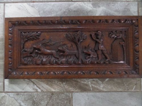 Large 19th Century Carved Oak Flemish Hunting Dog / Stag Scene