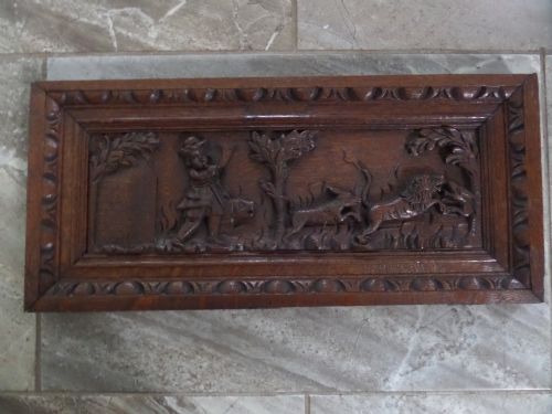 Large 19th Century Carved Oak Flemish Lion and Dog Hunting Scene