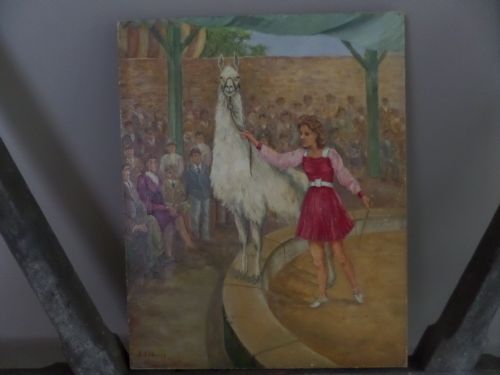 Antique  Circus Llama Oil Painting John J Perring
