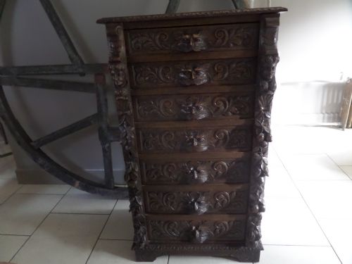 Victorian Carved Oak Wellington Chest of Drawers Green Man.