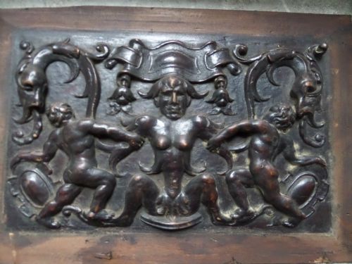 Antique Carved Walnut Mythical Grotesque Renaissance Panel with Sea Serpents.
