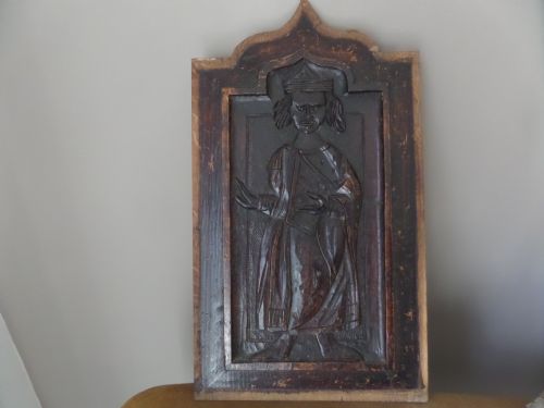 17th Century Welsh Carved Oak Gothic Nobleman Panel.