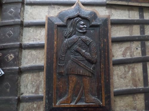 17th Century Carved Oak Welsh Gothic Armoured Nobleman Panel.