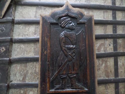 17th Century Carved Oak Welsh Gothic Nobleman Sword Shield  Panel.
