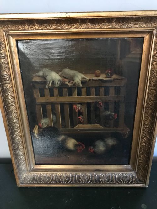 18th Century Still Life Oil Painting on Canvas Chickens & Hares