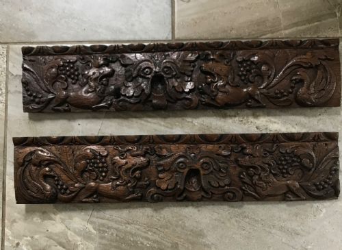 17th Century Carved Oak Panel Lions, Birds and Green Man Carvings