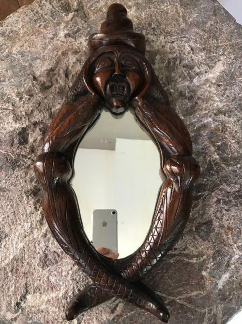 19th Century Carved Oak Welsh Witches Mirror the Scream