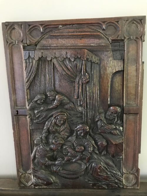 16th Century Carved Oak Gothic Panel of the Nativity Virgin Mary