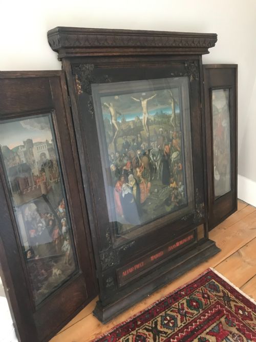 19th Century Carved Oak Gothic Altar Triptych Hans Memling
