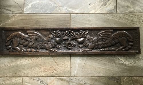 Antique Victorian Carved Oak Dragon Panel