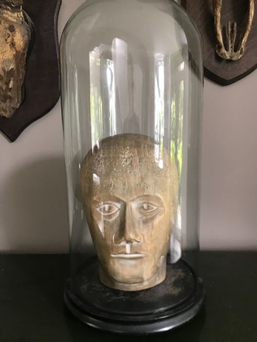 Antique Carved Wooden Millinery Hat Block Head & Glass Dome
