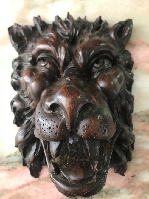 19th Century Deeply Carved Walnut Lion Head Mask