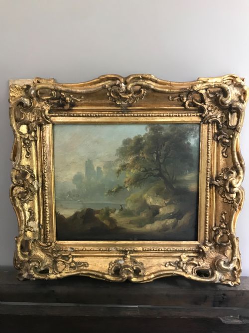17th Century Oil Painting with Wood and Gesso Gilt Frame Cows by a Lake