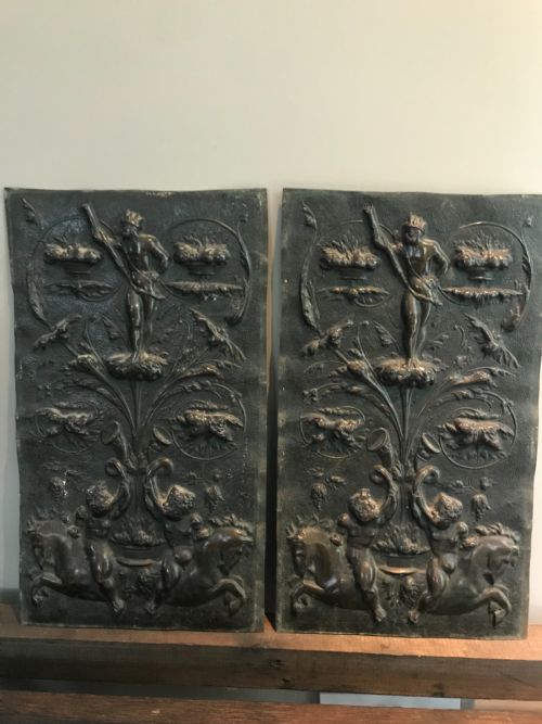 Antique Arts and Crafts Deeply Embossed Brass Mythical Hippocampus Panels