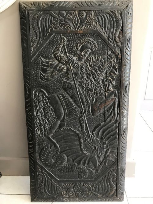 Large 18th Century Carved Oak Panel of St George and the Dragon