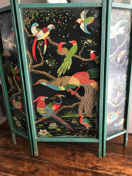 Antique Folkart Table Top Painted Bird and Butterfly Screen