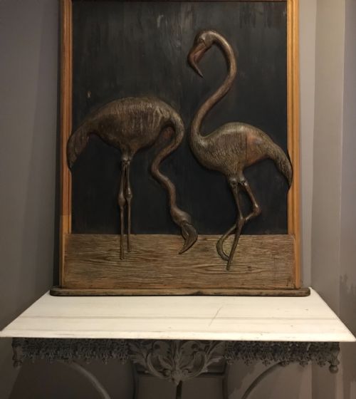 Antique Large Arts Crafts Carved Panel of Flamingo
