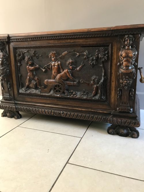 18th Century Carved Renaissance Walnut Putti and Cannon Chest Cassone
