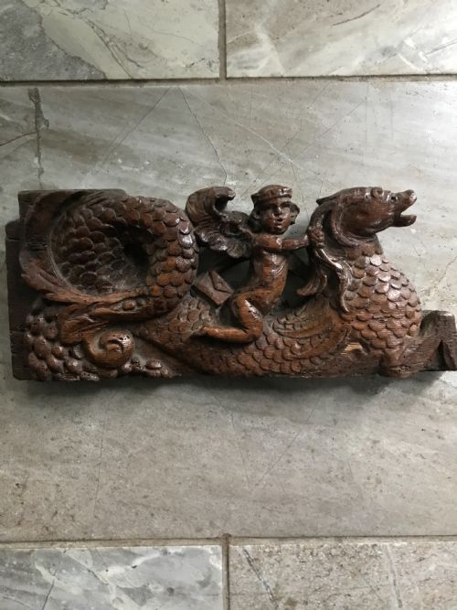 17th Century Cherub/ Hippocampus Carved Oak Panel
