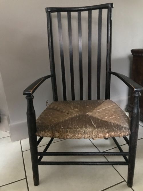 Arts & Crafts William & Morris Ebonized Rush Seat Child / Doll Chair
