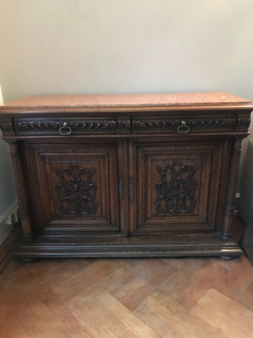 Antique Carved Oak Cabinet with Marble Top