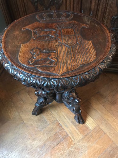 19th Century Carved Oak Heraldic Side Table Lion Paw Feet
