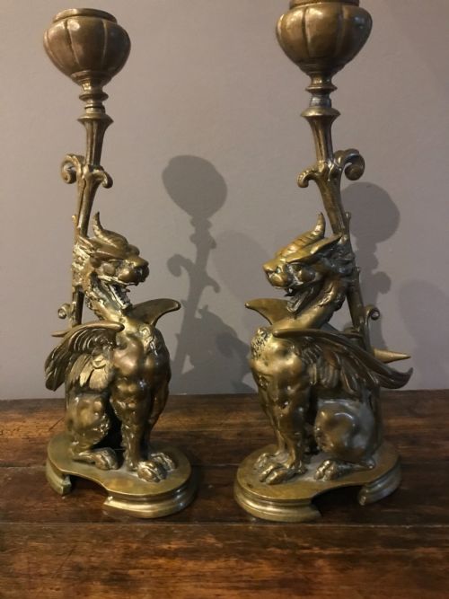 19th Century Bronze Winged Griffin Lamps