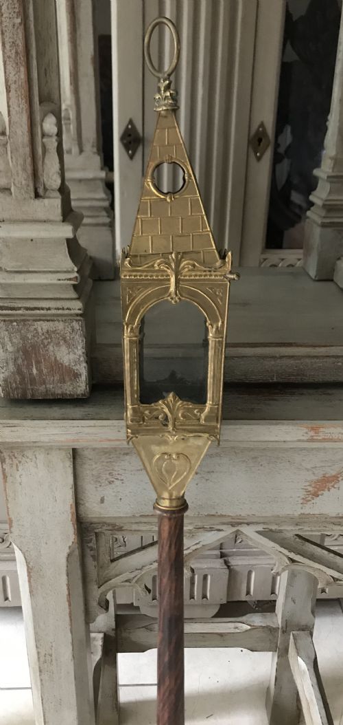 Antique Processional Church Brass and Glass Lamp